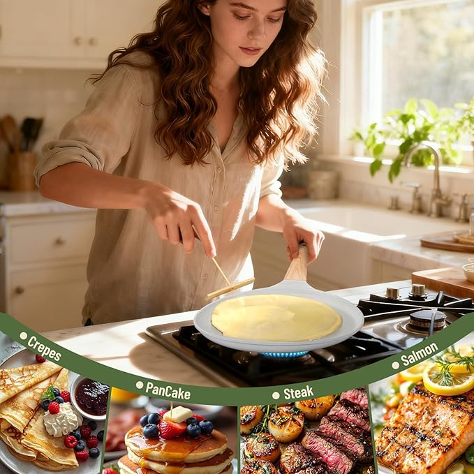 AOSION Crepe Pan Nonstick 11 Inch,Dosa Tawa Creamic,Tortilla pan For Pancake Steak Crepe Salmon,Flat Pan With Ergonmic Handle For All Stoves Top,Gray