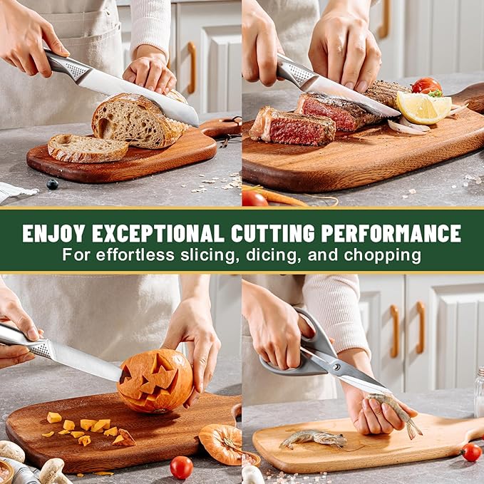 Knife Set, EWFEN 14-Piece Kitchen Knife Set with Block, German Stainless Steel Knives with Built-in Knife Sharpener, Anti-Slip Concave-dotted Handle Sharp Knives Set for Kitchen, Dishwasher Safe