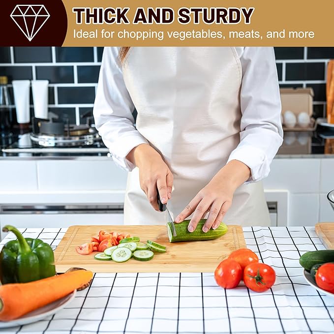 Sentk 3Pcs Bamboo Cutting Boards for Kitchen,Wooden Cutting Boards with Juice Grooves,Built-in Handles & Hanging Holes,Knife Friendly,Ideal for Chopping Meat、Vegetables and Fruit Serving，Kitchen Gift