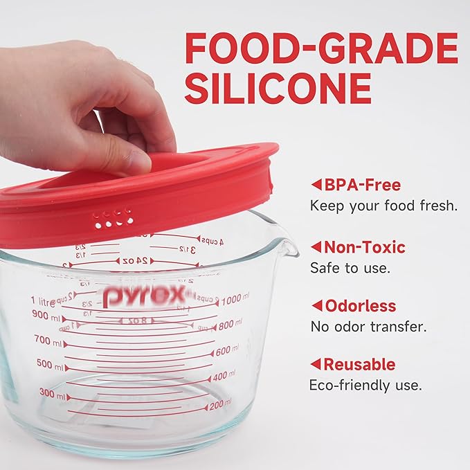 2 Pack Silicone Replacement Lids, Respectively Fits Pyrex 1-Cup & 2-Cup Tempered Glass Liquid Measuring Cups, Reusable & Food-Grade Silicone, Dishwasher & Microwave Safe (Cups not Included)