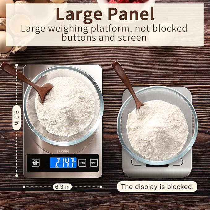 BakFee Food Scale, 15kg/33lb Digital Kitchen Scale with Stainless Steel & Tempered Glass, 1g / 0.05oz Precise Graduation, Waterproof and Sturdy Surface, for Cooking, Baking, Weight Loss, Meal Prep