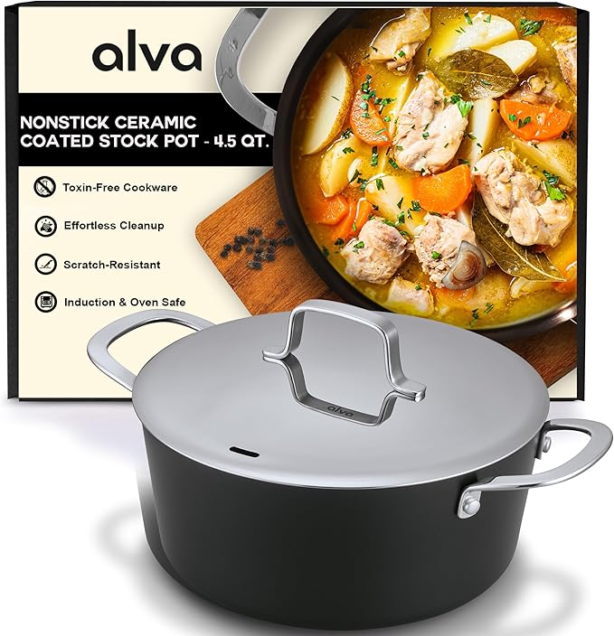 Alva Maestro 4.5-Quart Ceramic Coated Nonstick Stock Pot with Lid - Oven & Induction Safe Cookware, Made without PFAS, PFOA & PTFE for Chef-Level Heat Control and Effortless Cleanup