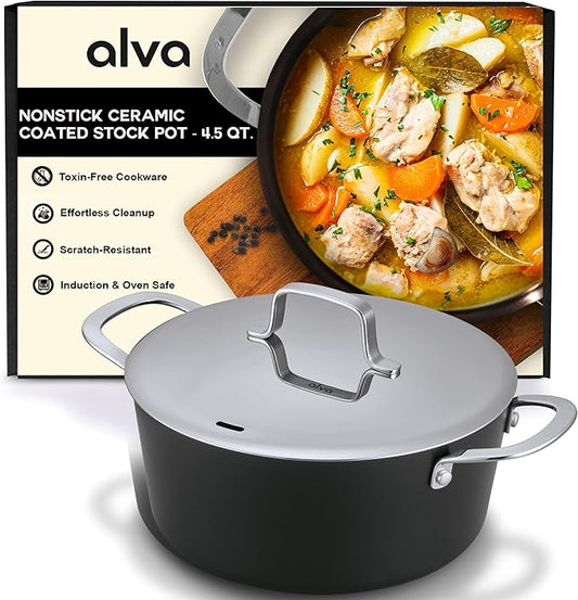 Alva Maestro 4.5-Quart Ceramic Coated Nonstick Stock Pot with Lid - Oven & Induction Safe Cookware, Made without PFAS, PFOA & PTFE for Chef-Level Heat Control and Effortless Cleanup