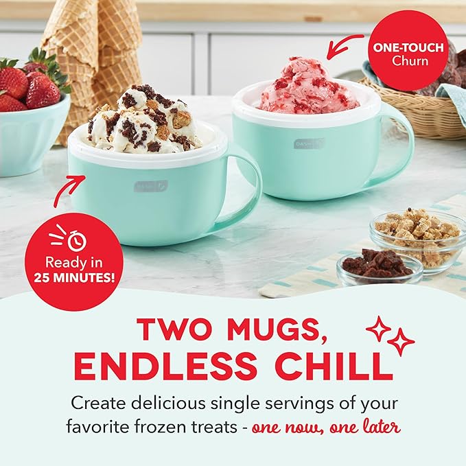 Dash My Mug Ice Cream Maker - Makes Single Serving of Gelato, Frozen Yogurt, Sorbet & More - Easy to Clean & Use - Aqua, 2 Bowls