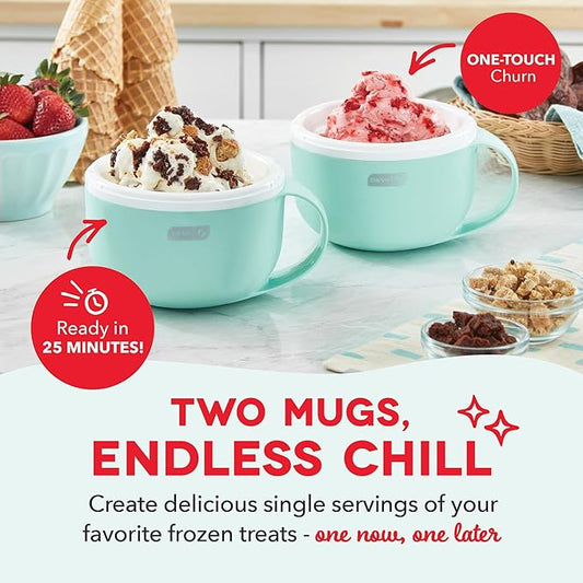 Dash My Mug Ice Cream Maker - Makes Single Serving of Gelato, Frozen Yogurt, Sorbet & More - Easy to Clean & Use - Aqua, 2 Bowls