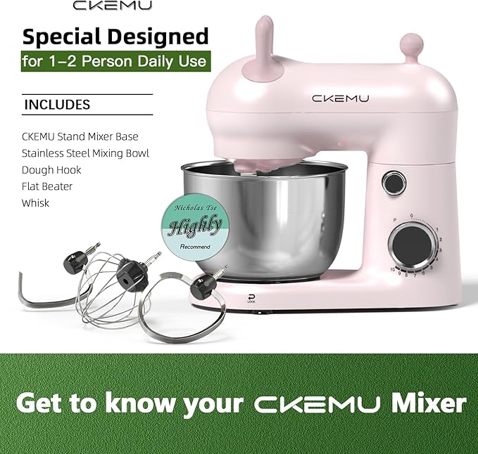 CKEMU Stand Mixer, Compact & Space-Saving, Stainless Steel Bowl, Unique & Playful Design, Effcient 300W Motor, Dishwasher-Safe Attachments, SM-2549A (Pink)