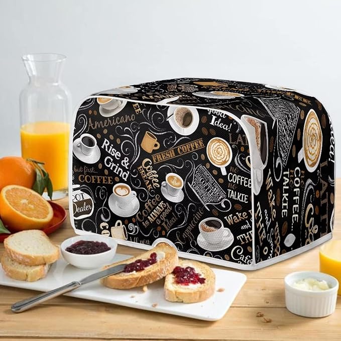 Annejudy Coffee Theme Print 2 Slice Toaster Cover Kitchen Small Appliance Covers Universal Size Microwave Oven Dustproof Cover Women