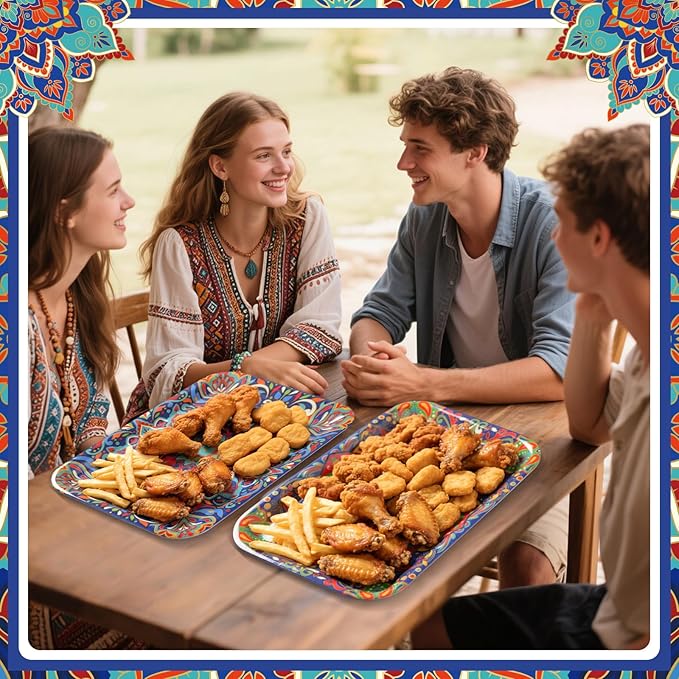 Vesici 4 Pack Mandala Melamine Serving Trays, 13 x 10 Inch Rectangular Decorative Platters with Colorful Bohemian Patterns, Durable Serving Plates for Snacks, Appetizers, Parties & Home Decoration