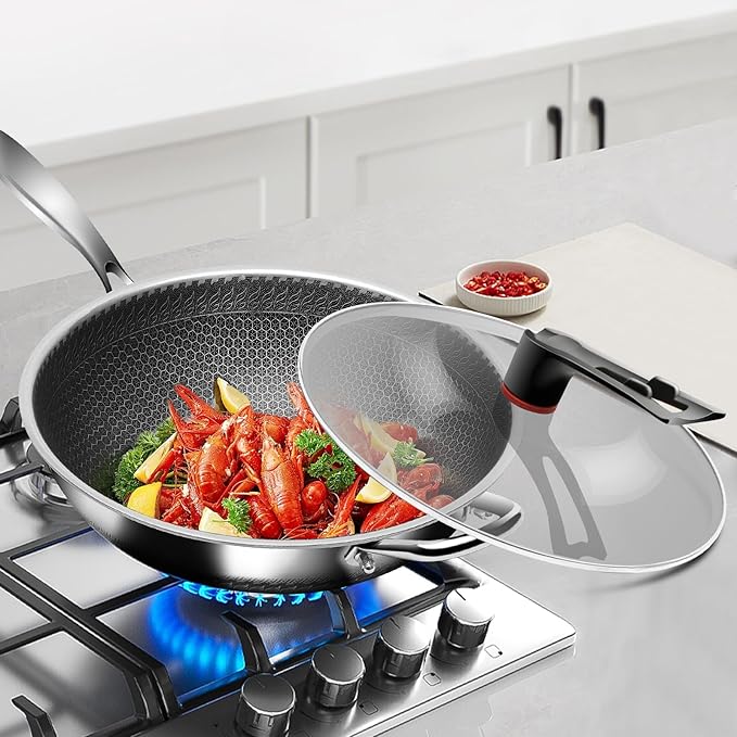 Boryenty Wok Pan 12 Inch with Lid, Hybrid Stainless Steel Wok, Honeycomb Wok Pan Flat Bottom Stir Fry Pan, 18/10 Stainless Steel, Metal Utensil Safe, Dishwasher & Oven Safe