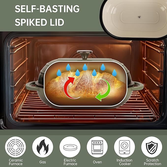 Fijxzct Premium Enameled Cast Iron Dutch Oven for Bread Baking | Non-Stick 5QT Oval Bread Oven with Lid | Perfect for Sourdough, Loaf, and Artisan Baking (Oval Green, 5 QT)