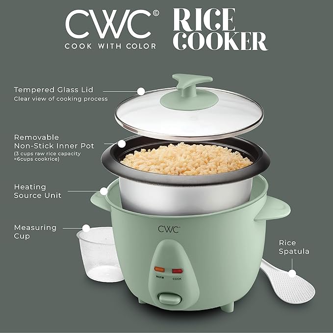 COOK WITH COLOR 6 Cup Rice Cooker 300W - Effortless Cooking and Perfectly, Cooks 3 Cups of Raw Rice for 6 Cups of Cooked Rice, Sage
