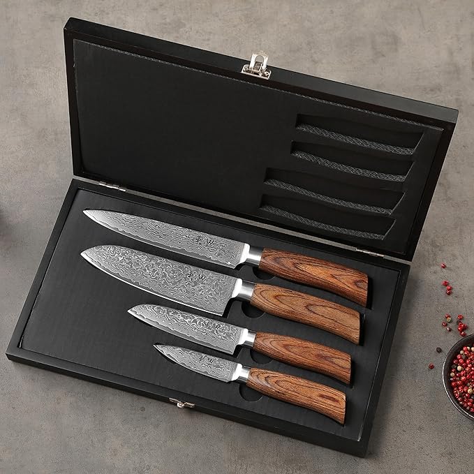 Wakoli EDIB Pro 4-Piece Damascus Knife Set – Professional Chef Knives Set with VG10 Core Blades, 67-Layer Damascus Steel and Ergonomic Pakkawood Handles – Premium Kitchen Knives in Elegant Gift Box