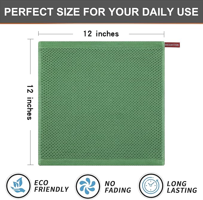 Kitinjoy 100% Cotton Kitchen Dish Cloths, 12 Pack Waffle Weave Ultra Soft Absorbent Dish Towels for Drying Dishes Quick Drying Kitchen Towels Dish Rags, 12 X 12 Inches, Grass Green