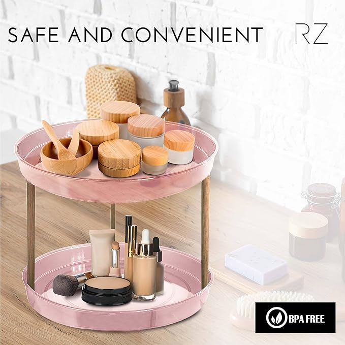 Rachel Zoe 2 Tier Lazy Susan Organizer, Wood Two Tier Lazy Susan Turntable, 360° Spin Tray Organizer, Pantry Spice Organizer for Kitchen, Rotating Bathroom Counter Organizer