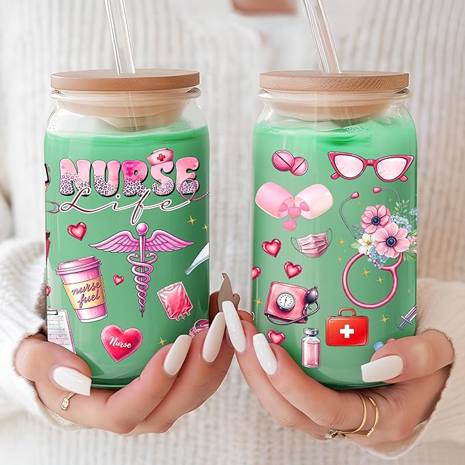 Gifts For Nurse - Nurse Life Glass Cup with Lid & Straw 16 Oz - Nurses Week Gifts - Nursing Student RN Practitioner Gift - Retirement Graduation Christmas Caregiver Appreciation Nursing Ideas