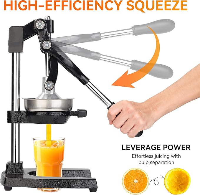 Cast Iron Juicer, Heavy-Duty Manual Juicer Hand Press, Citrus Juicer for Lemons, Oranges, Pomegranates, Grapefruits, and Other Fruits, Easy-To-Use and Clean Stainless Steel Lemon Squeezer (Black)