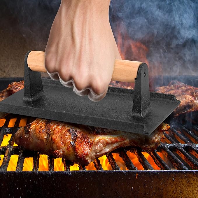 Smash Burger Press, Leonyo Cast Iron Burger Press, Heavy-Duty Hamburger Smasher Tool Griddle Accessories Kit for Cooking Bacon Steak Sandwich, Outdoor BBQ Grill - Rectangle (8.2"X4.3")