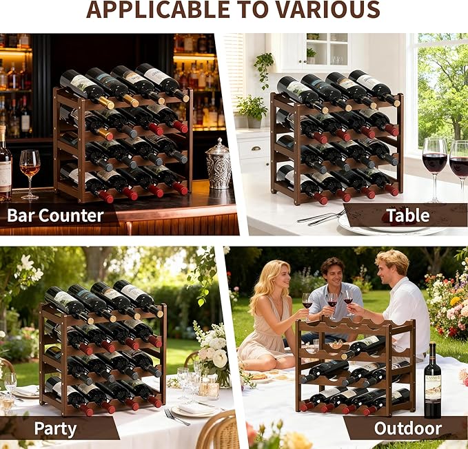 Wine Rack 16-Bottle Capacity, Space-Saving Countertop Wine Storage Organizer – Sturdy Bamboo Wine Holder for Kitchen, Bar,Cabinets & Pantry, Easy Access & Clutter-Free Organization(4-Tiers)