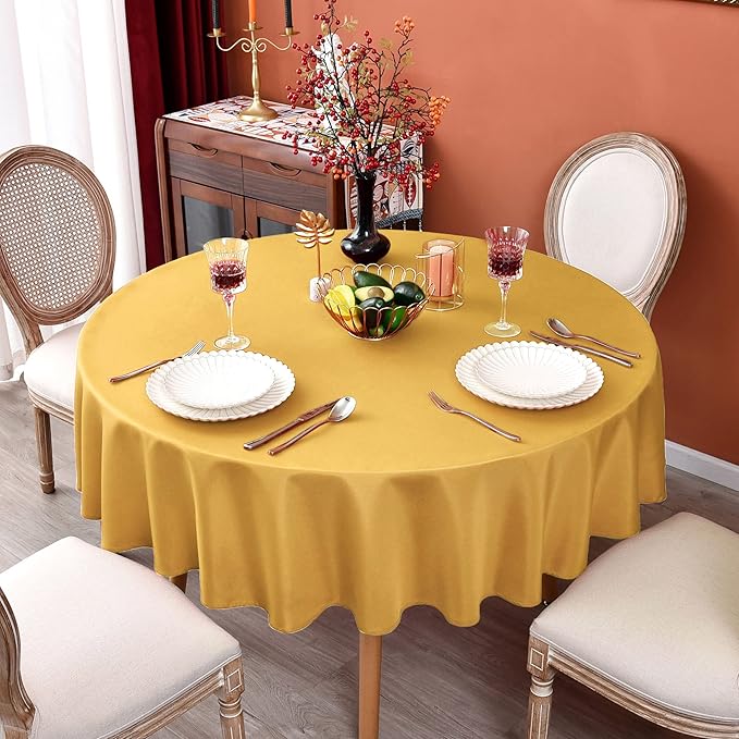 MEANMOY Gold 210 GSM Water & Stain Resistant Round Tablecloth for Circle Table - Solid 108 Inch Table Cloth Cover in Wrinkle Free Durable Washable Polyester Fabric for Wedding, Party, Banquet