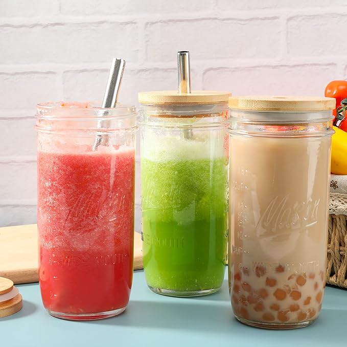 Mason 4 Pack Reusable Tea Cups, Glass Jars 24oz Wide Mouth Smoothie Cups with Bamboo Lids and Silver Straws, Drinking Glass Bubble Tea Cups for Iced Coffee Travel Bottle