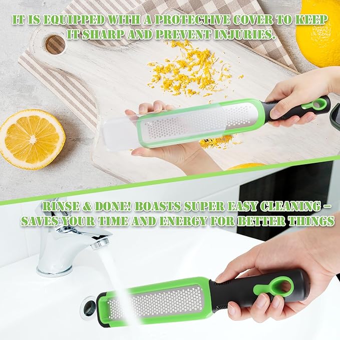 Lemon Zester & Cheese Grater, Kitchen Premium Grater, Ideal for Home Cooks Make Chocolate, Fruits, Vegetables, Ginger, Garlic- Stainless Steel Blades with Protective Cover, Cleaning Brush