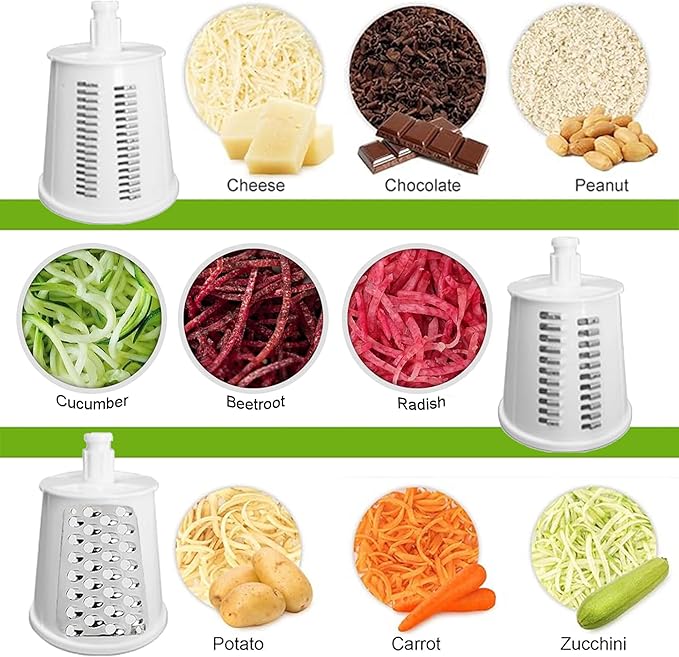 5-in-1 Rotary Cheese Grater Vegetable Slicer, 5 Interchangeable Blades Food Shredder with Anti-Slip Reinforced Suction Base, Kitchen Mandoline Chopper with Blade Storage Box (White)