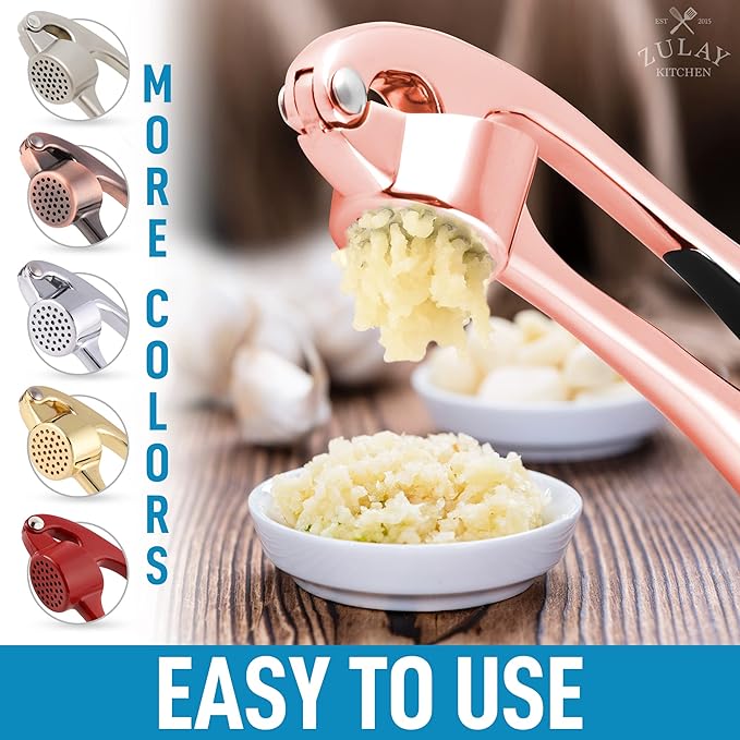 Zulay Kitchen Premium Garlic Press Set - Rust Proof Professional Garlic Mincer Tool - Easy-Squeeze, Easy-Clean with Soft Handle - Silicone Garlic Peeler & Brush (Rose Gold)