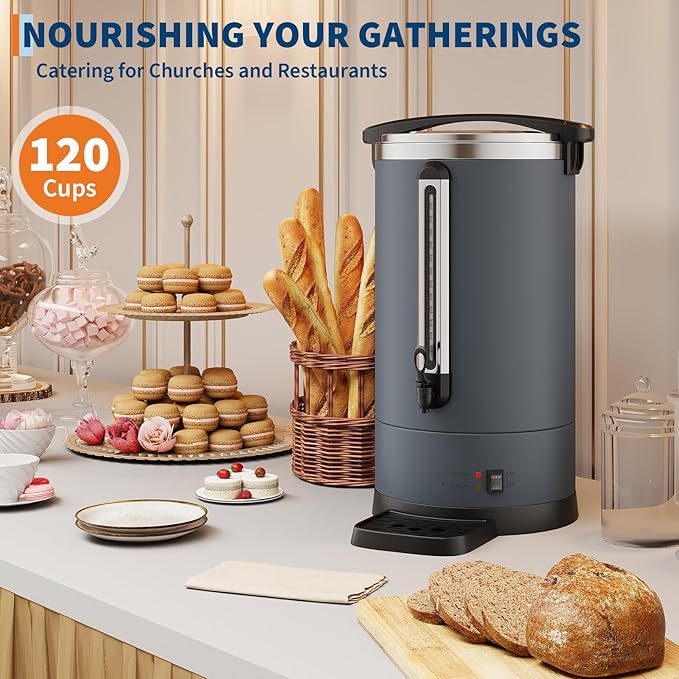 Garvee 18 L/120 Cups Coffee Urn- 4.8 gal Double Wall Commerical Coffee Maker for Buffet Catering Wedding Gathering,Large Capacity Hot Coffee Dispenser,Stainless Steel Hot Water Urn-Grey