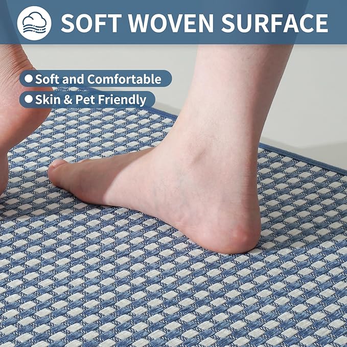 Kitchen Mat Kitchen Rugs Sets of 2 PCS Non Slip Washable, Super Absorbent Soft Braided Kitchen Mats for Floor, Rubber Backing Comfort Standing Kitchen Sink Mat Runner Rug, Blue 17"x28"+17"x59"