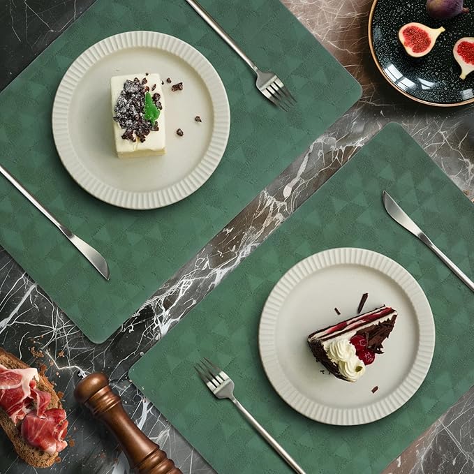 Jovono Faux Leather Placemats Set of 6, 17.8"x11.8", Waterproof & Oil-Proof Table Mats, Easy-Clean Washable Kitchen Place Mats for Dining Table, Fabric Texture, Green Mat