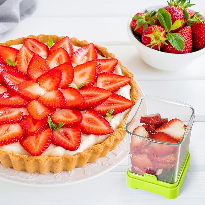 3-in-1 Strawberry Banana & Egg Slicer Cup | Detachable Fruit Cutter with Push Plate for Effortlessly Safe Slicing | Quick Meal Prep & Snacks Kitchen Gadget (Food green)