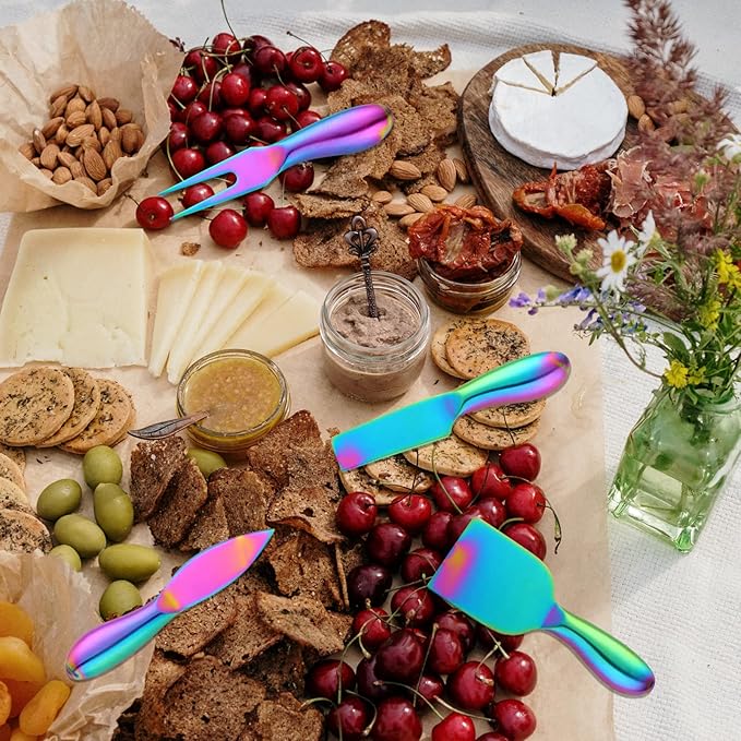 Buyer Star Rainbow 4 Piece Cheese Knife Set Stainless Steel Mini Cheese knives Charcuterie Board Accessories Cheese Spreader Knife with Gift Box for Charcuterie, Gift-Ready