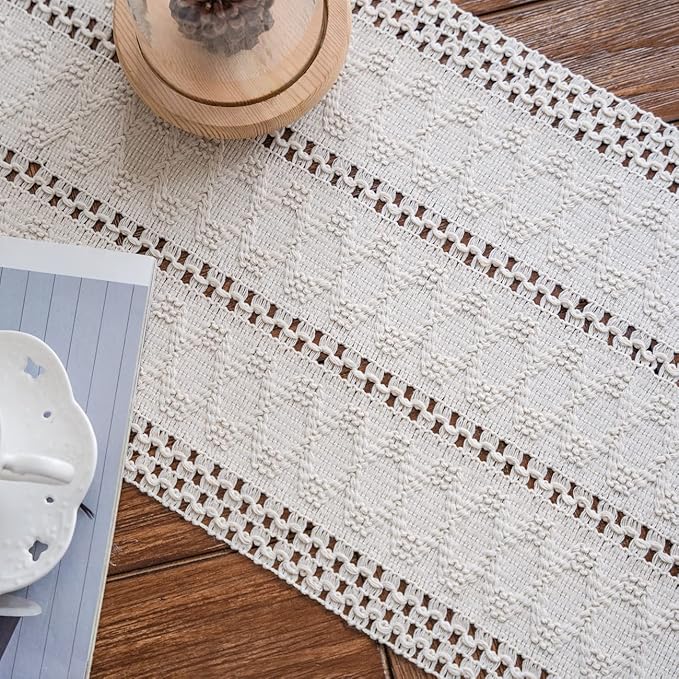 Alynsehom Macrame Table Runner Cream Beige Boho Table Runners with Tassels Hand Woven Cotton Table Runner Rustic Farmhouse Table Runners for Bohemian Kitchen Dining Table(12x108in)