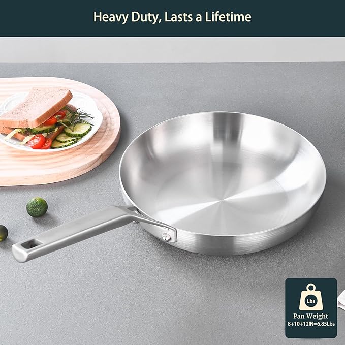 Yeksum Stainless Steel Pan Set, All Cooktops Up to 600℉,Tri-Ply Stainless Steel Frying Pan Set, 8"+10"+12", Chef's pan,Skillets, Nontoxic Fast & Even Heat