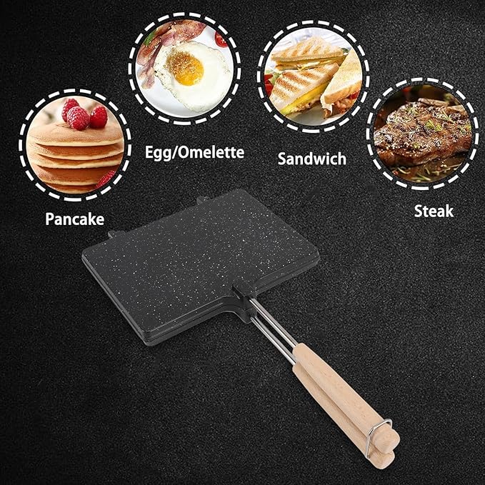 Hot Sandwich Maker, Non stick Grilled Panini Maker Pan with Handle, Stovetop Camping Sandwich Toaster Aluminum Flip Pan for Toast, Waffle, Breakfast