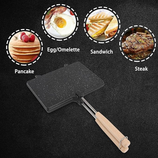 Hot Sandwich Maker, Non stick Grilled Panini Maker Pan with Handle, Stovetop Camping Sandwich Toaster Aluminum Flip Pan for Toast, Waffle, Breakfast