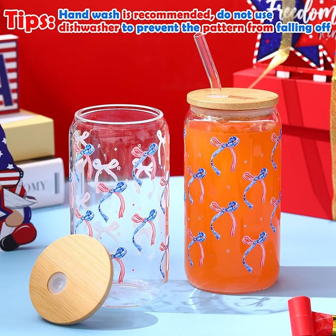 Sliner 2 Pcs Veterans Day Glass Cups Patriotic Bow Gifts Drinking Tumbler 16 oz Iced Coffee Cup with Lid Straw Cleaning Brush for 4th of July Independence Day Summer Home Office Decorations