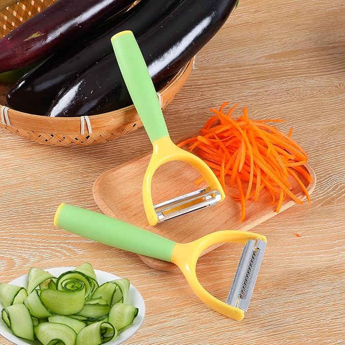 2-in-1 Vegetable Peeler & Julienne Slicer - Stainless Steel Potato Peelers & Fruit Peeler with Comfortable Grip Handle, Quick & Easy Kitchen Shredder Tool for Apple, Cucumber, Carrot & Veggies