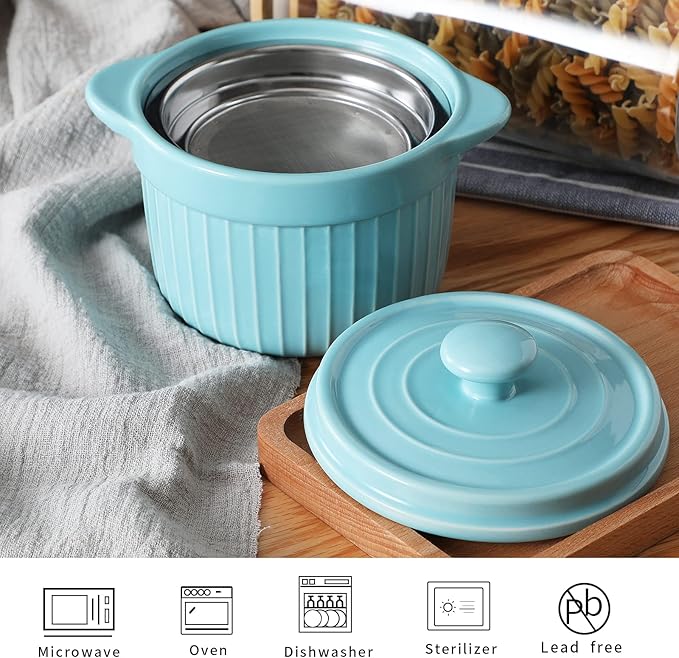 ONTUBE Ceramic Bacon Grease Container Keeper with Strainer, Frying Oil Storage Can, Turquoise