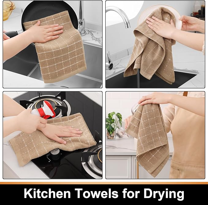 Mordimy 100% Cotton Terry Cloth Kitchen Towels, Super Soft and Absorbent Dish Towels for Drying, Checkered Designed Hand Towels for Kitchen, 16 x 26 Inches, 6 Pack, Tan