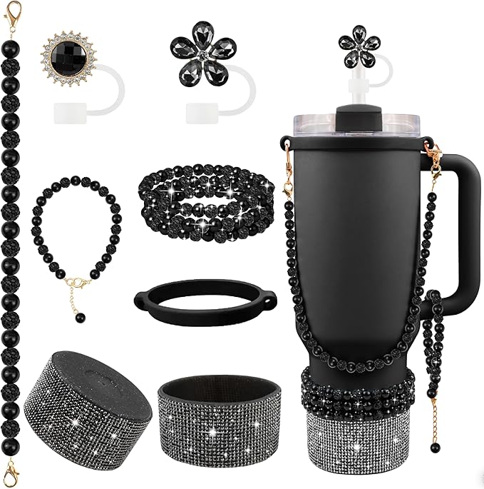 9PCS Black of Stanley Cup Accessories Set 30/40 OZ Bling Pearl Rhinestones Charms for Stanley Decorations Tumbler Accessories Including Flower Straw Topper, Rhinestones Boot 30/40 OZ