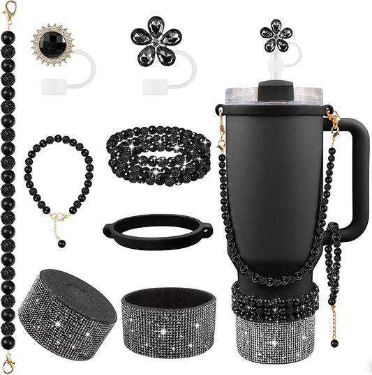 9PCS Black of Stanley Cup Accessories Set 30/40 OZ Bling Pearl Rhinestones Charms for Stanley Decorations Tumbler Accessories Including Flower Straw Topper, Rhinestones Boot 30/40 OZ