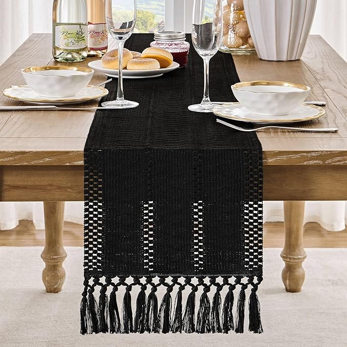 ZeeMart Macrame Style Boho Table Runner, Black Table Runners 36 Inches Long, Farmhouse Woven Home Decor, 12x36 Inch, Black
