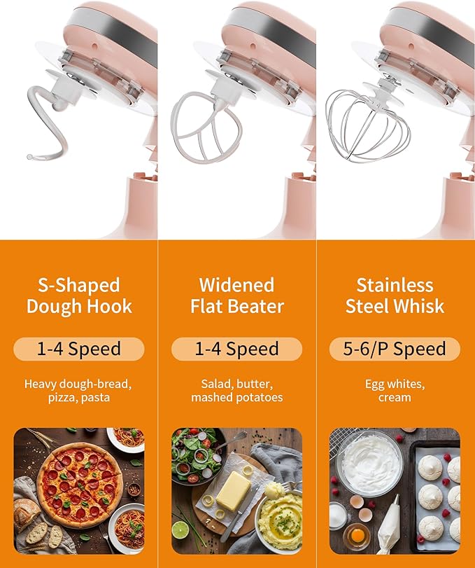 Stand Mixer, 3.4QT Lightweight Kitchen Mixer, 6+P Speed Tilt-Head Electric Food Mixers for Daily Use with Egg Whisk, Dough Hook, Flat Beater, Bread Dough Mixer for Baking (Pink)