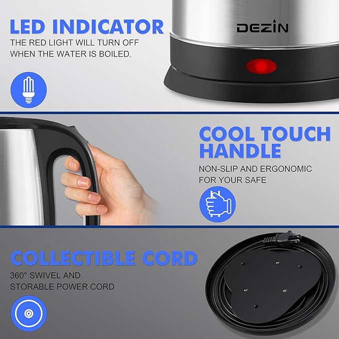 Dezin Electric Tea Kettle for Boiling Water, 2.5L Large Hot Water Boiler, Stainless Steel Fast Boil Water Heater, Electric Water Pot with Auto Shut-Off and Boil-Dry Protection 10 Cups for Family Use