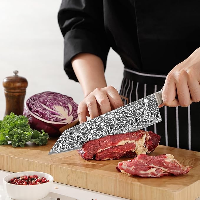 zayiko Kinone Kiritsuke Chef Knife – 7.9-Inch Damascus Kitchen Knife | 67 Layers Steel with VG10 Core | Ergonomic Birch Root Wood Handle | Professional Cooking Tool in Gift Box