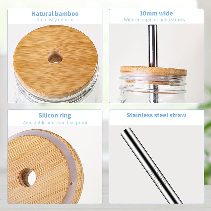 Amzcku 32oz vintage Mason Jars with Bamboo Lids and Stainless Steel Straws -Wide Mouth Quart Canning Jar, Reusable 32oz Boba & Smoothie Cups (2-Pack)