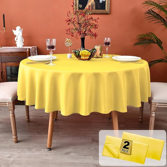 MEANMOY 2 Pack Yellow 210 GSM Water & Stain Resistant Round Tablecloth - Solid 70 Inch Circle Table Cloth Cover in Wrinkle Free Washable Wipe Clean Polyester for Wedding, Party, Banquet (2 Pcs)