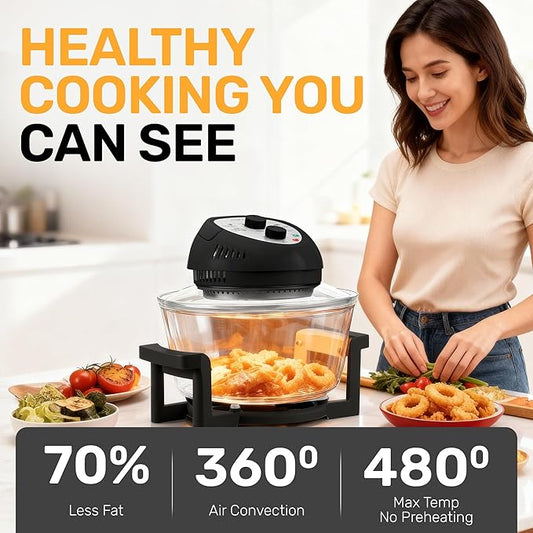 Big Boss 16Qt Large Glass Air Fryer Non Toxic – Family Sized Large Halogen Oven Cooker with 3 Cooking Sections, Stainless Steel Racks, French Fries, Chicken, No Preheat, Self Cleaning, Dishwasher Safe