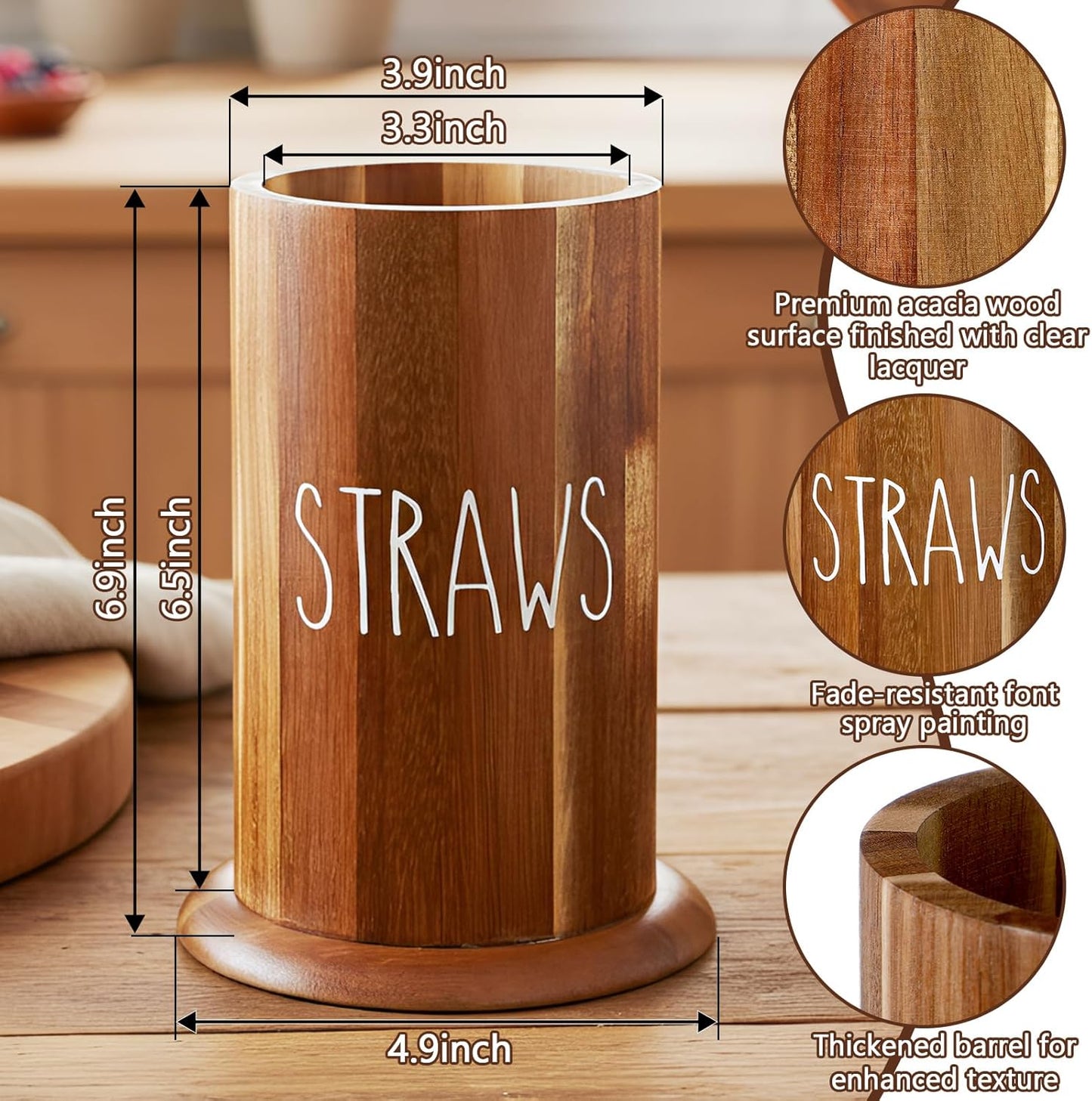 LemonRoad Straw Holder Dispenser Acacia Wood Straw Holder for Counter Large Utensil Organizer for Kitchen Flatware and Spatula Storage Organizer for Coffee Bar Party Countertop Pantry and Bathroom